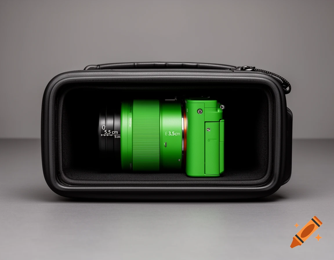 A bright green Sony camera with a 5.5cm lens inside an open black hardshell case on a gray surface.