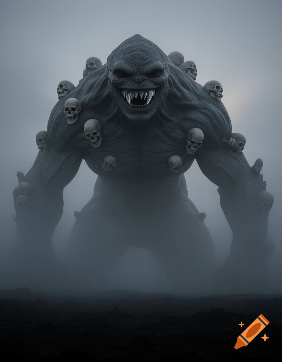A hulking grey monster with razor teeth and human skulls embedded in its body emerges from a foggy, dark landscape, digital painting.