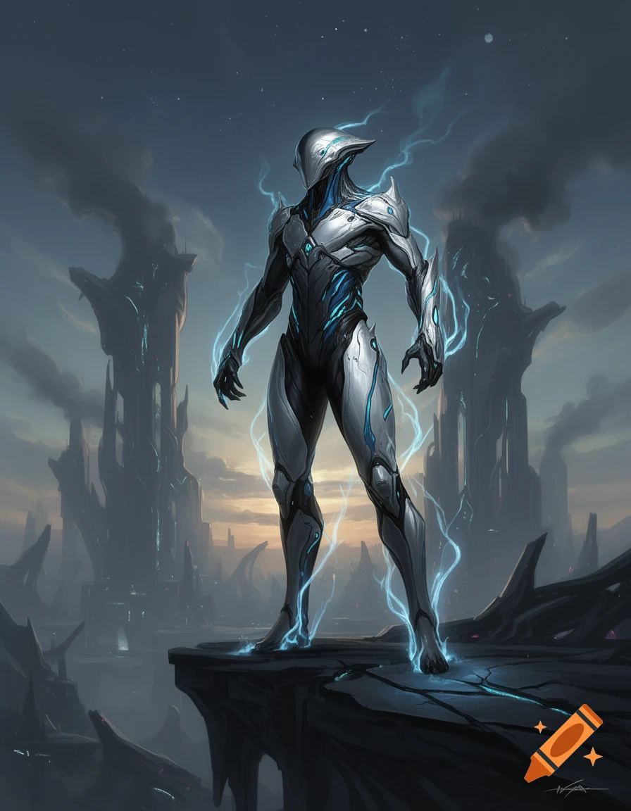 A futuristic armored figure, gleaming white and blue with electrical energy, stands on a cliff overlooking a dark cityscape at dusk.
