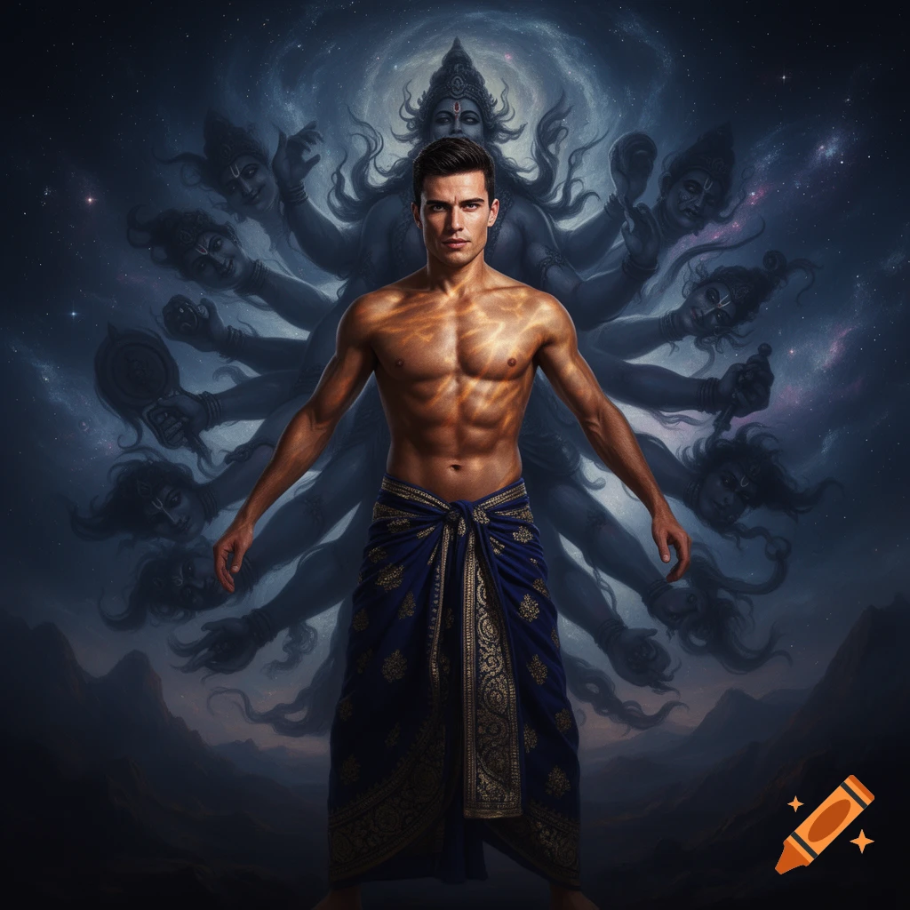 A shirtless man in a blue wrap stands before a multi-armed deity against a swirling cosmic sky, in a mythical, photorealistic style.