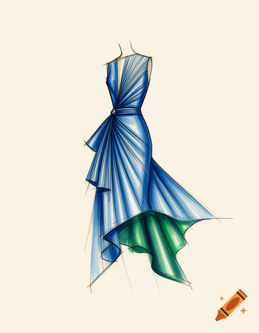 Fashion sketch of a sleeveless blue dress with a flowing, draped design and a vibrant green underside.