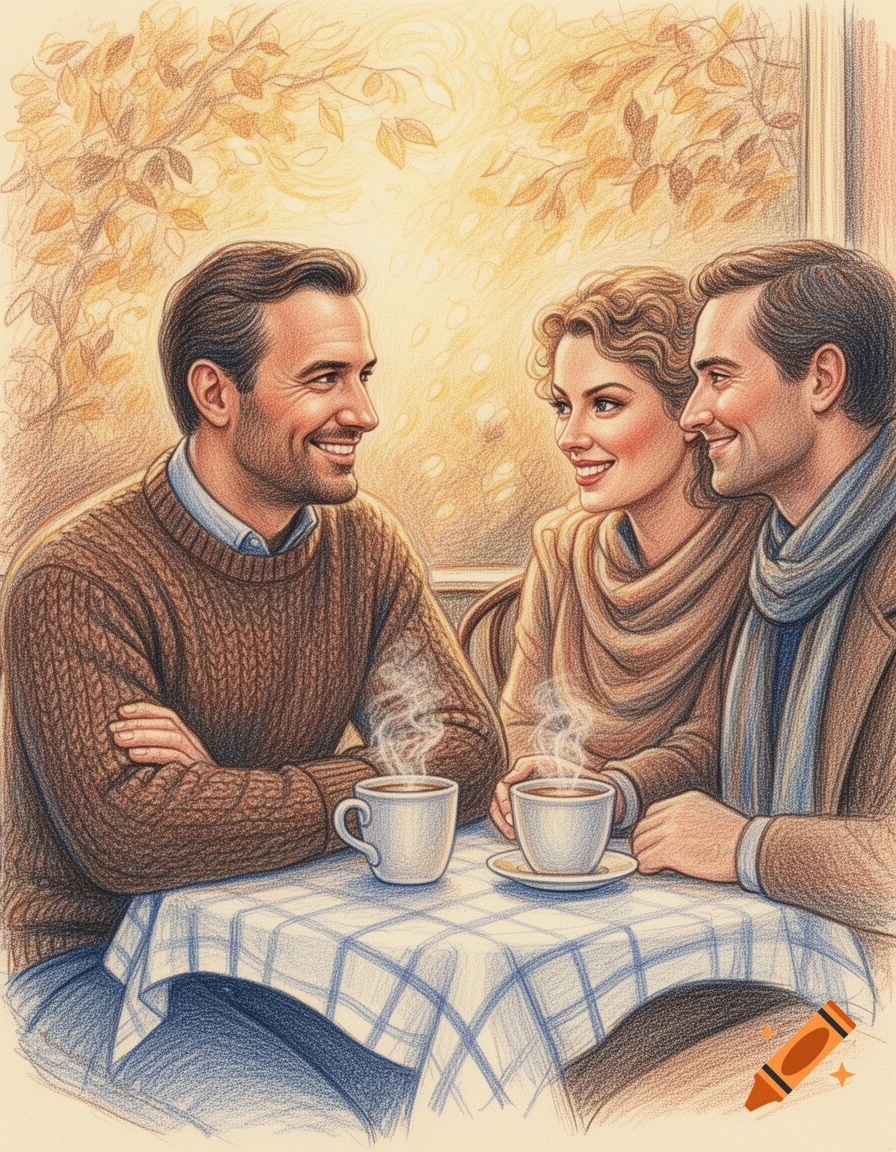 Colored pencil drawing of two smiling men and a woman having coffee at a checkered table outdoors.