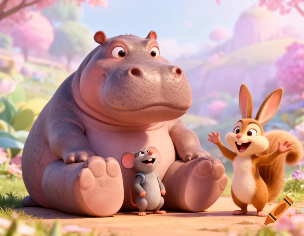 A friendly, large cartoon hippo sits with a tiny mouse and a waving squirrel-like creature in a vibrant, 3D animated landscape.