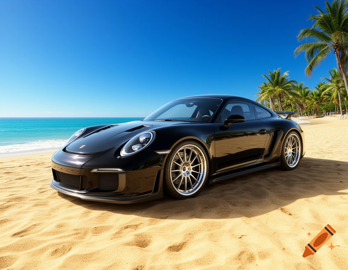A black Porsche sports car is parked on a sunlit tropical beach with palm trees and a blue ocean.