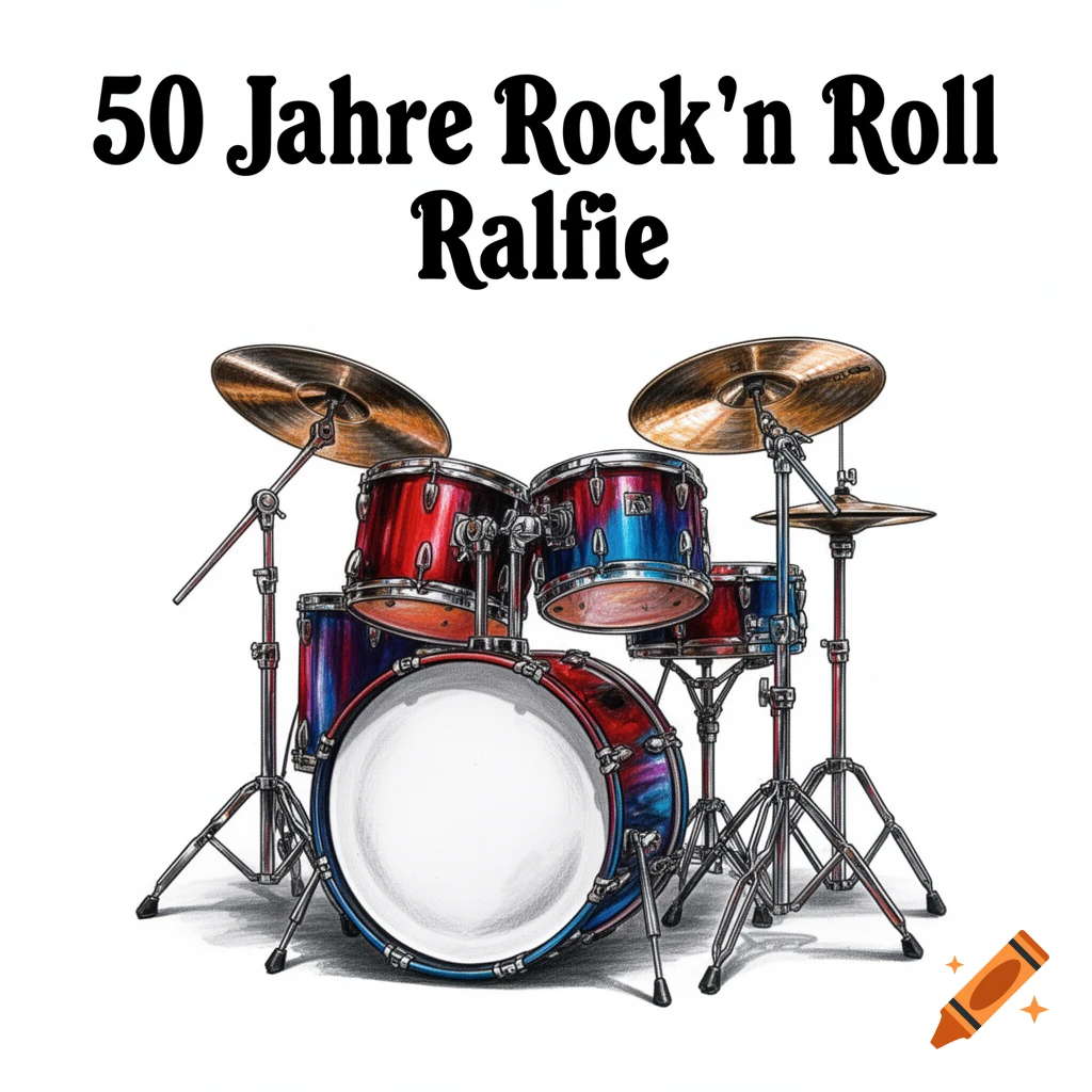 A colorful illustration of a drum kit on a white background, with text '50 Jahre Rock'n Roll Ralfie'.