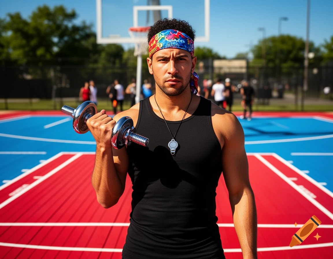 A fit man in a black tank top and colorful headband holds a dumbbell on a vibrant red and blue outdoor basketball court.