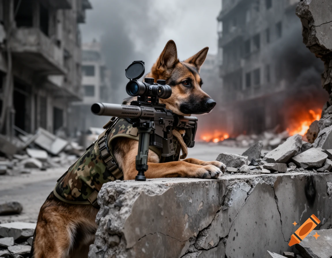 A photorealistic image of a German Shepherd dog in military camouflage with a sniper rifle, peering over concrete rubble in a war-torn city with fires in the background.