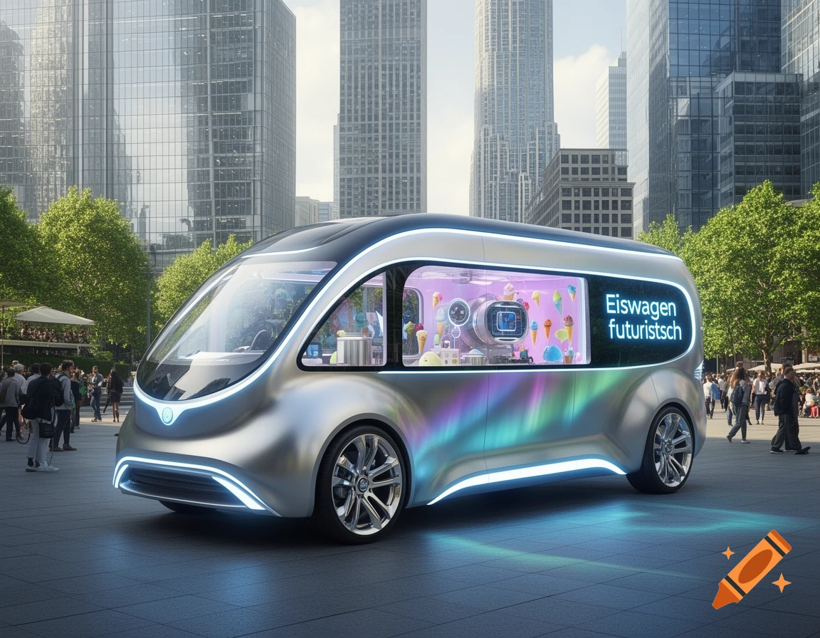 A sleek, silver futuristic ice cream truck with colorful lighting and a display of ice cream cones, parked in a bustling city square with modern buildings.