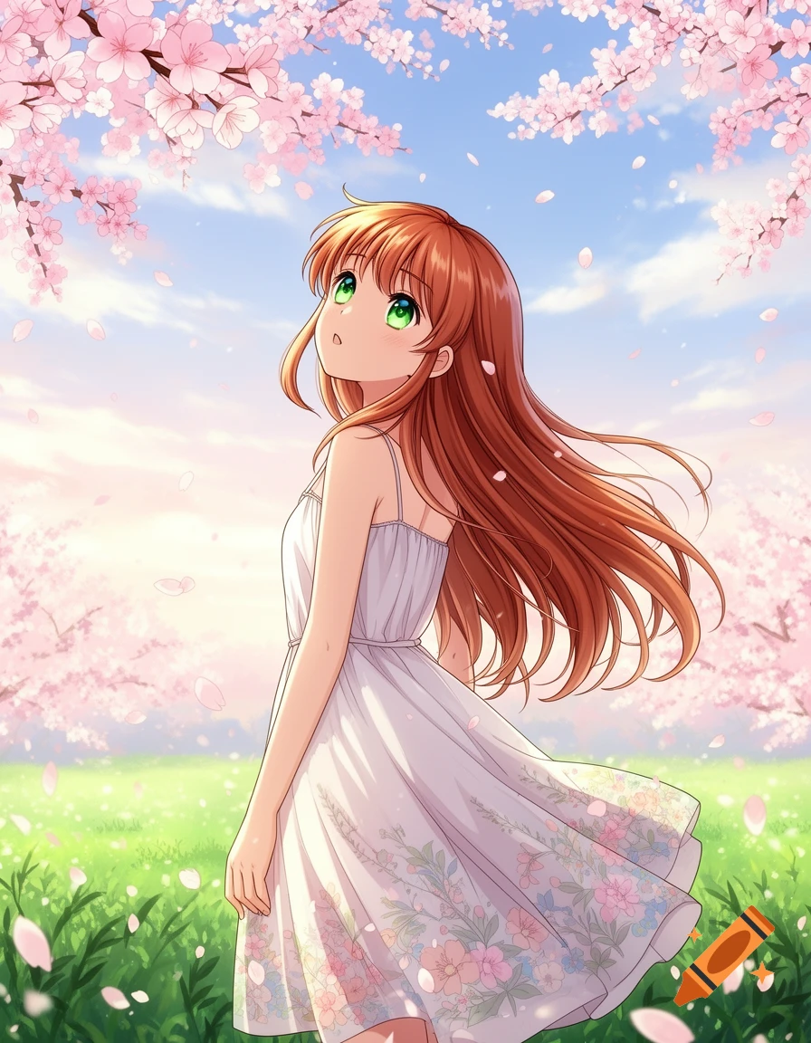 An anime girl with brown hair and green eyes in a white floral dress looks up under pink cherry blossoms.