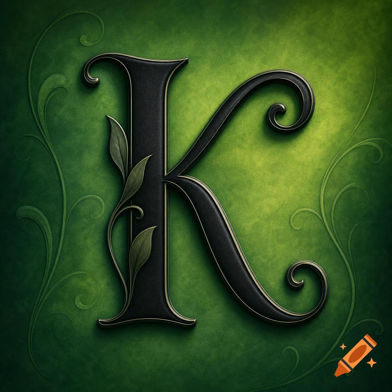 A stylized black letter K with gold trim and green leaves, set against a vibrant green background with subtle vine patterns.