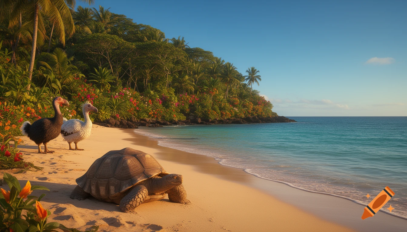 Photorealistic image of two dodo birds and a large tortoise on a tropical beach with lush, flowery vegetation.
