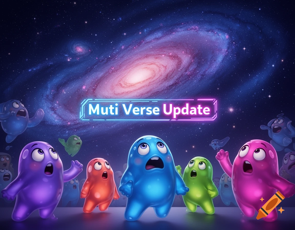 Vibrant cartoon blob creatures gaze up in awe at a swirling galaxy, with neon 'Muti Verse Update' text above them.