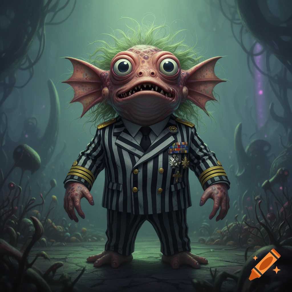 A grotesque fish-like creature with green hair and big eyes, wearing a black and white striped military suit with medals, stands in a dark, alien swamp.