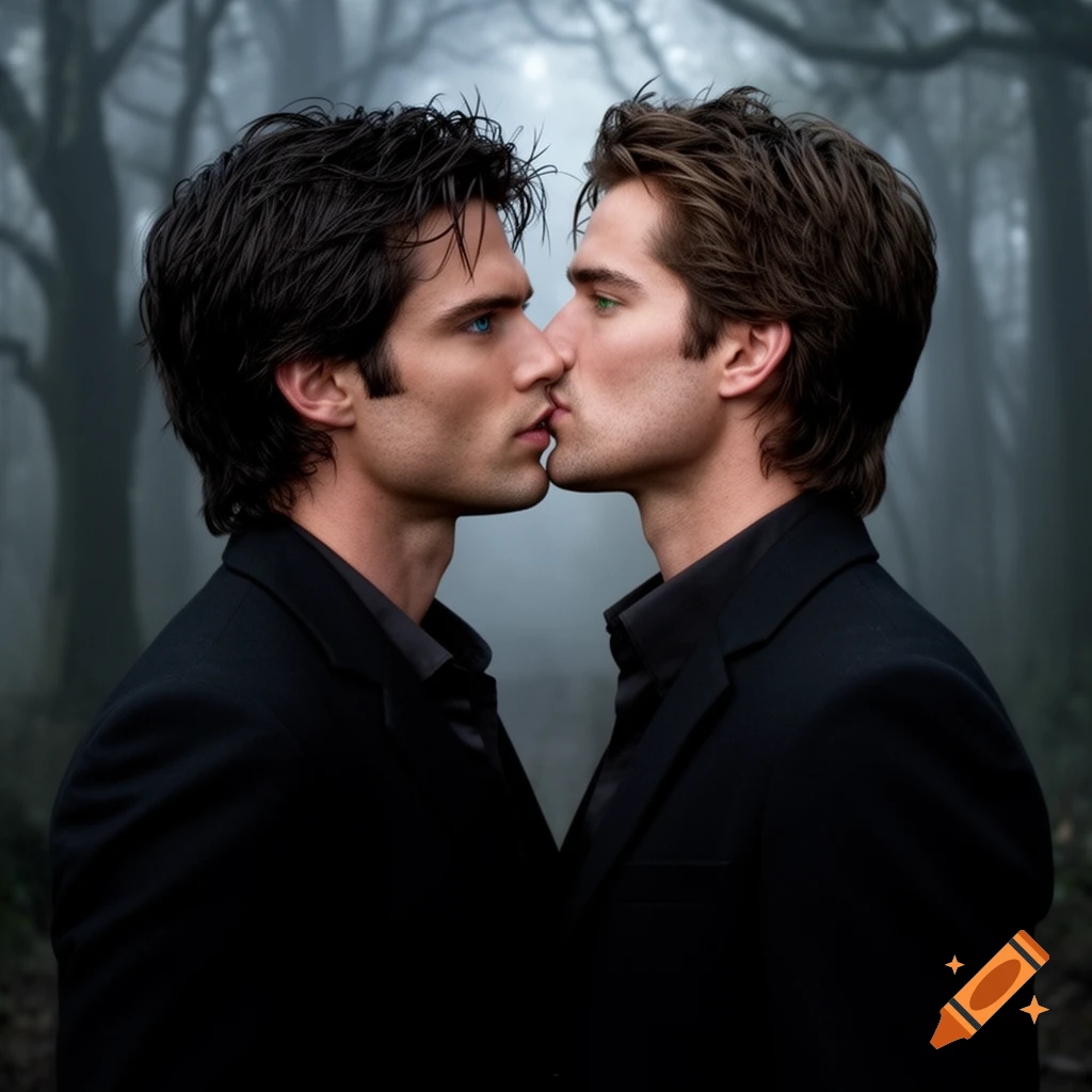 Two men with dark hair, one with blue eyes and one with green eyes, kissing in a foggy forest. Photorealistic style.