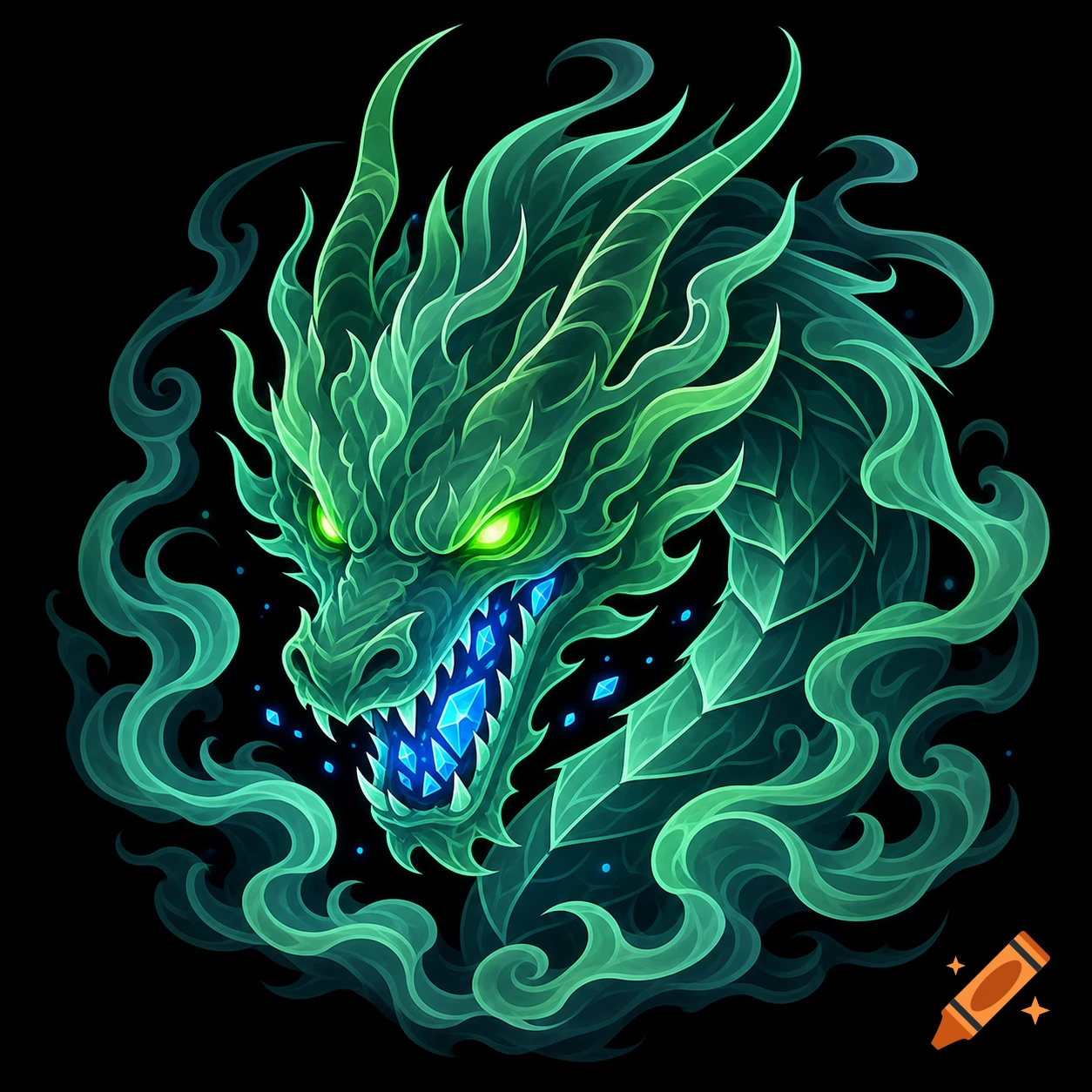 A fierce, ethereal ghost dragon head with glowing green eyes and blue crystal teeth, surrounded by spectral smoke on a dark background.