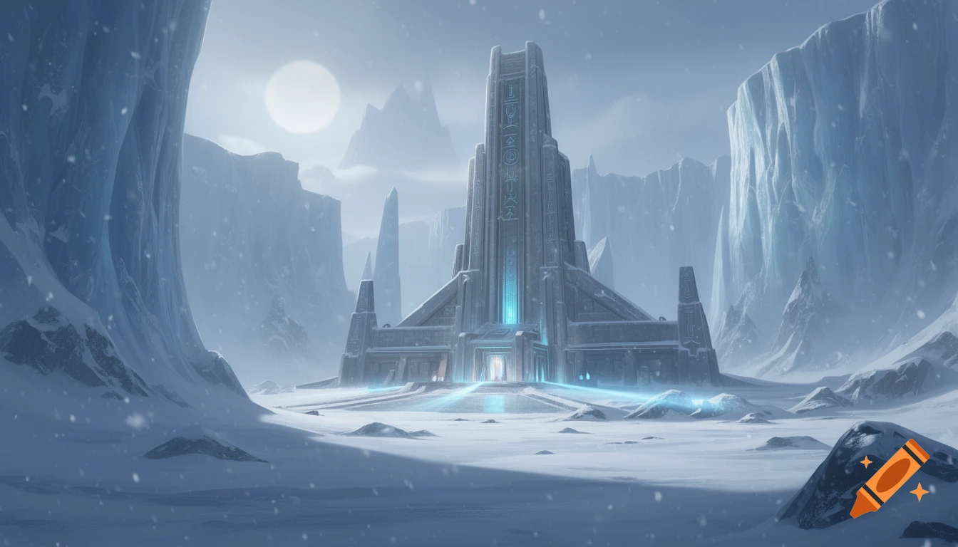 A grand, futuristic temple with glowing blue lights stands amidst a snowy, icy landscape under a pale sun.