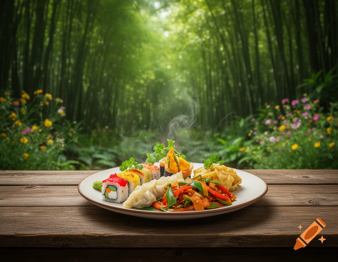 A plate of steaming Asian food, including sushi, dumplings, and stir-fry, rests on a wooden table in a vibrant bamboo forest.
