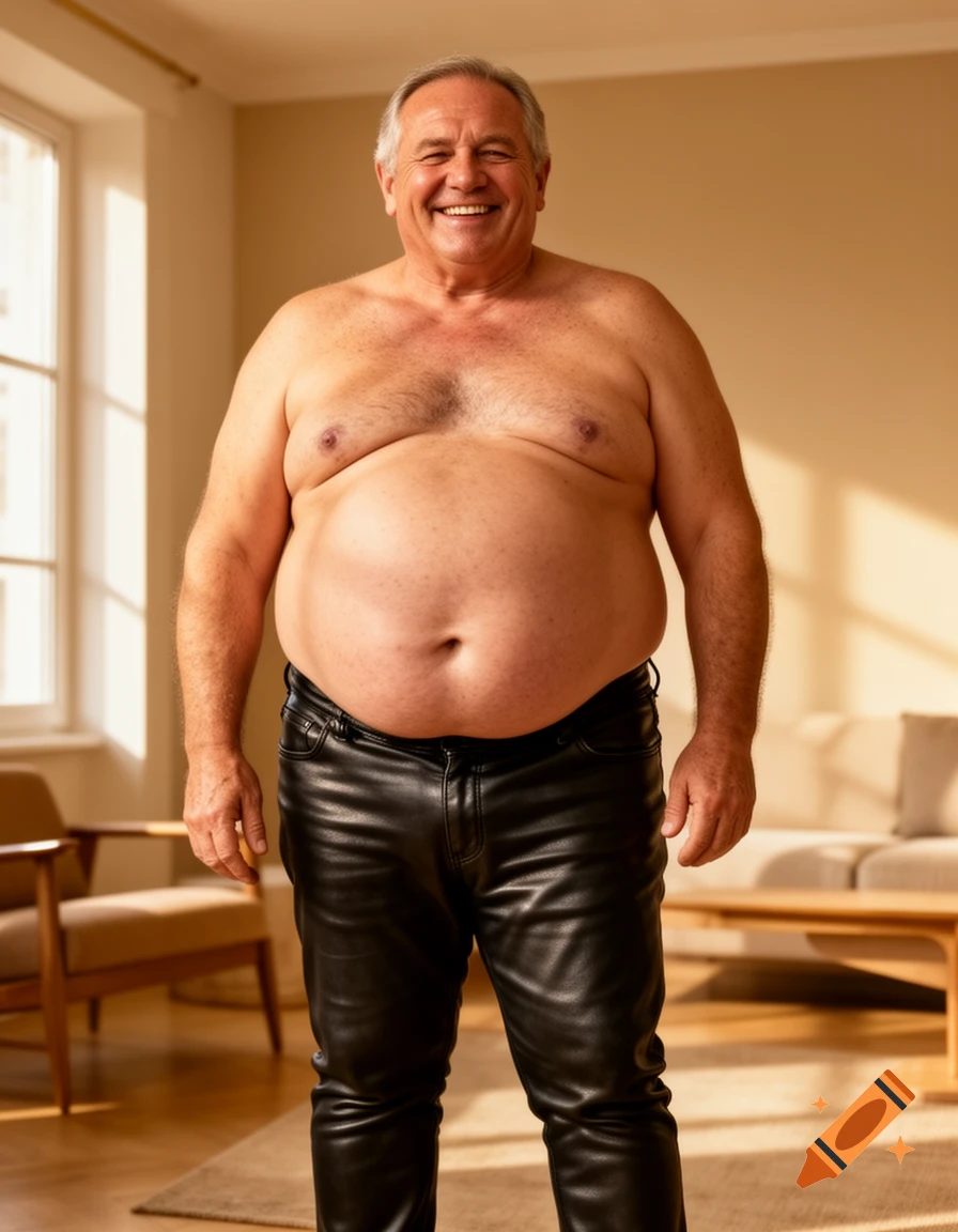 A smiling, shirtless older man with a large belly proudly stands in tight black leather pants in a sunlit room.