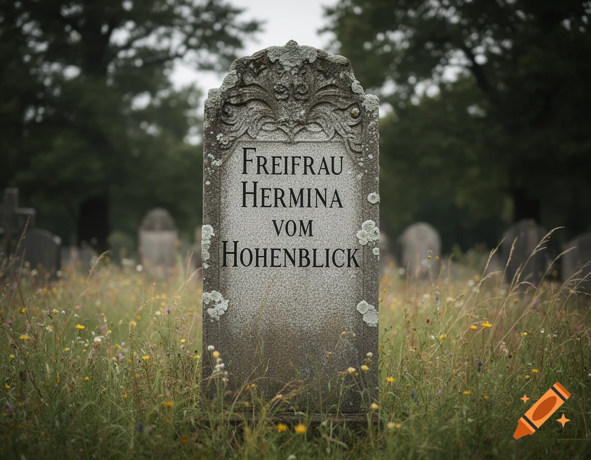 Close-up of an old stone tombstone in a grassy cemetery with wildflowers, inscribed with "FREIFRAU HERMINA VOM HOHENBLICK".