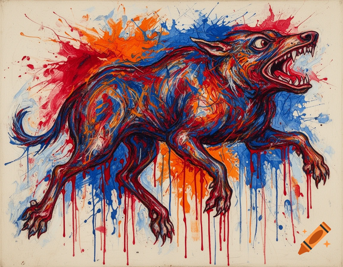 Abstract expressionist painting of a snarling, grotesque animal with thick, bright red, blue, and orange paint splatters.