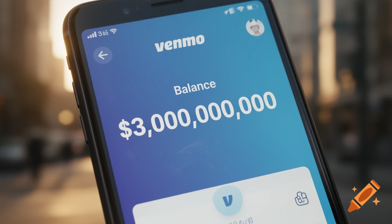 A close-up of a smartphone displaying the Venmo app with a balance of $3,000,000,000. The background is a blurry urban scene.