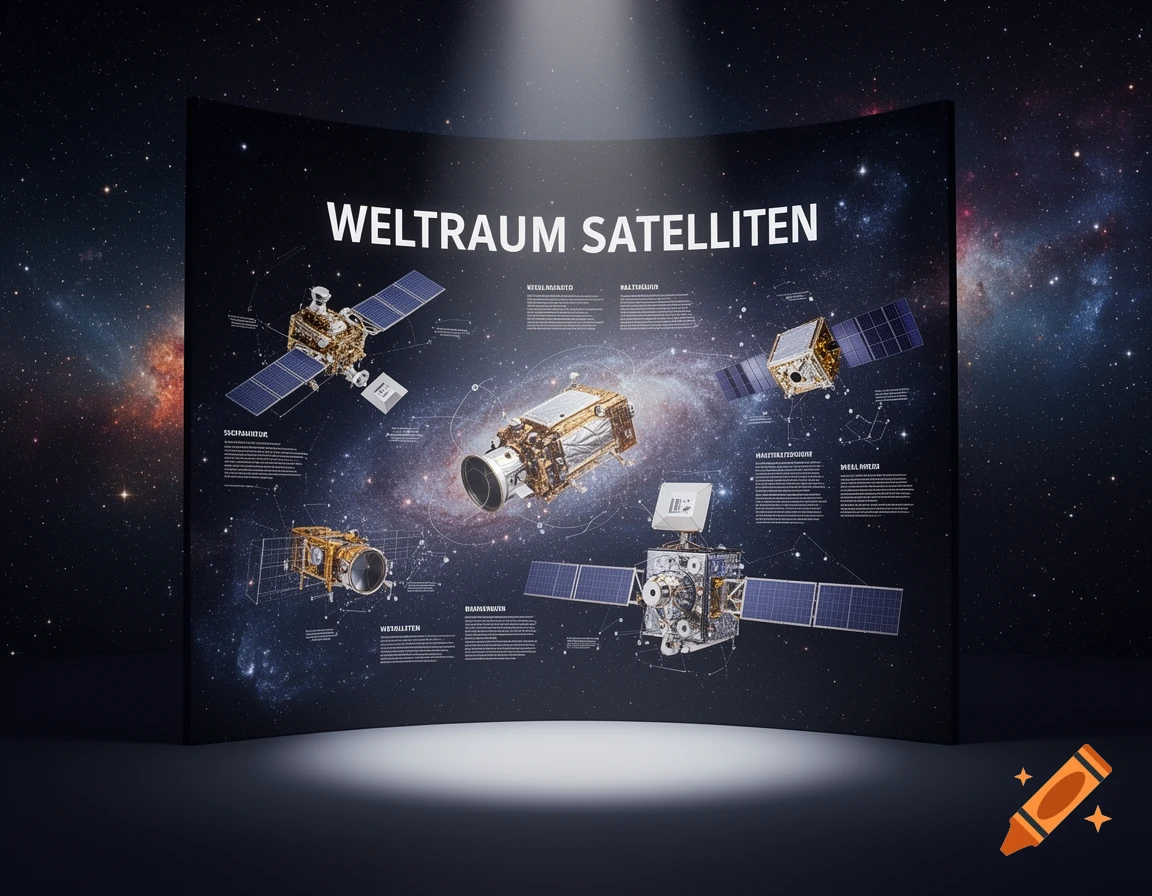 A curved exhibition board displaying detailed models of space satellites against a starry galaxy background, with text 'WELTRAUM SATELLITEN' at the top.