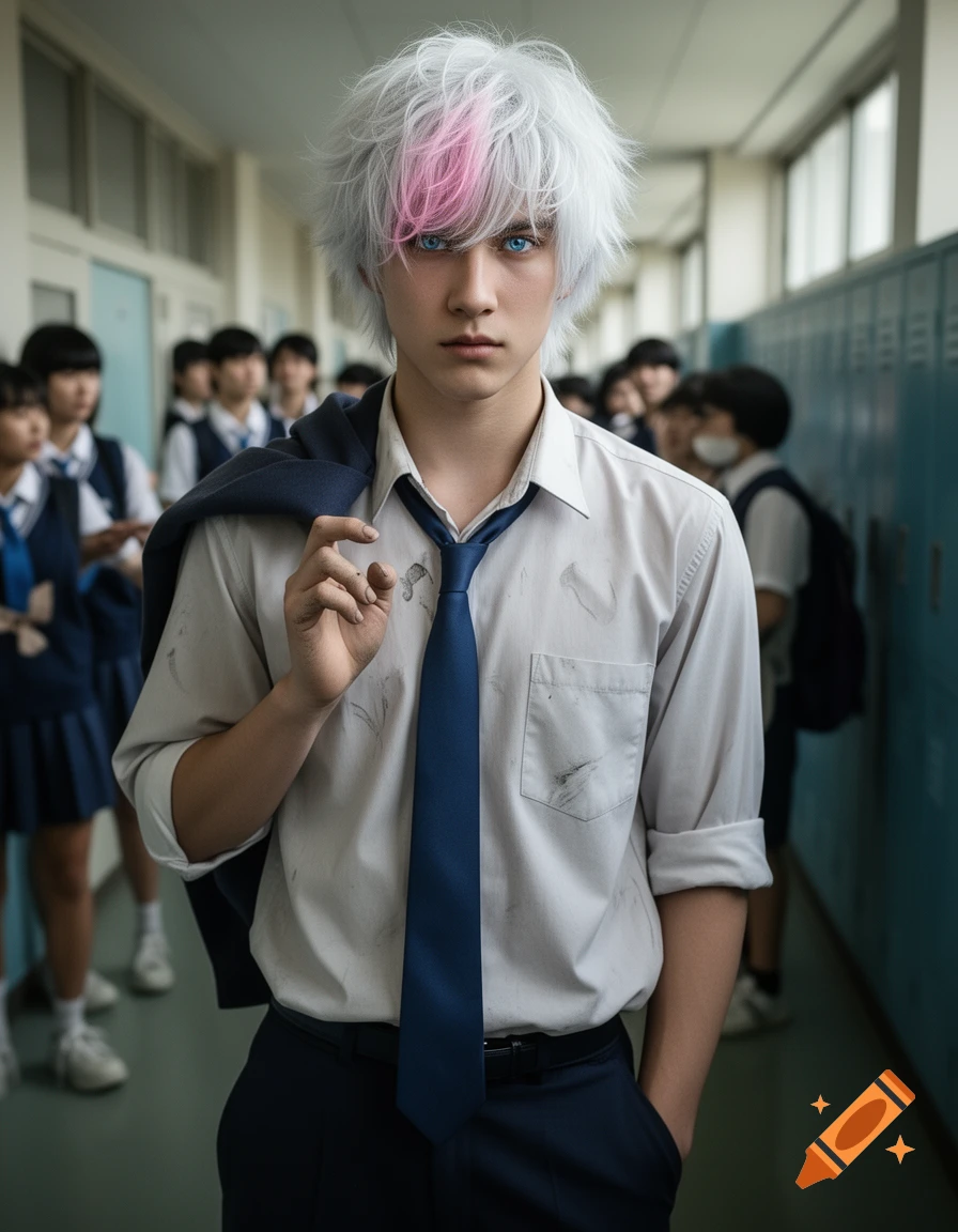 A serious-looking male student with messy white and pink hair, and bright blue eyes, stands in a school hallway with a blue tie and a messy white shirt, a jacket over his shoulder.