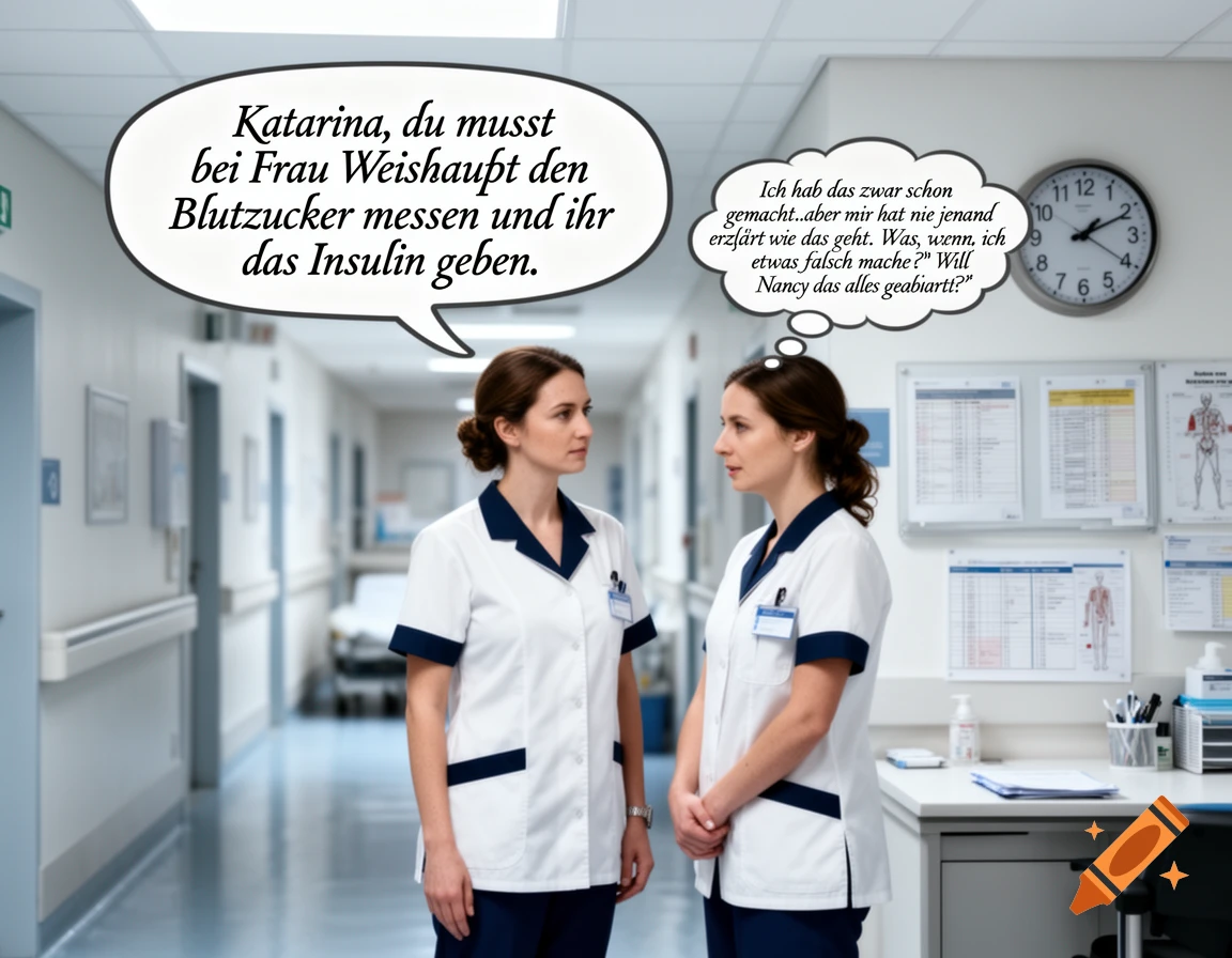 Two female nurses in white and blue uniforms stand in a hospital hallway, engaged in a conversation with speech and thought bubbles above them.