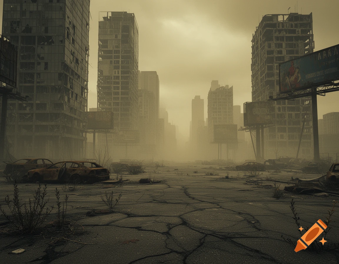 A desolate, post-apocalyptic city street with ruined buildings and abandoned, rusty cars under a hazy, dusty sky.