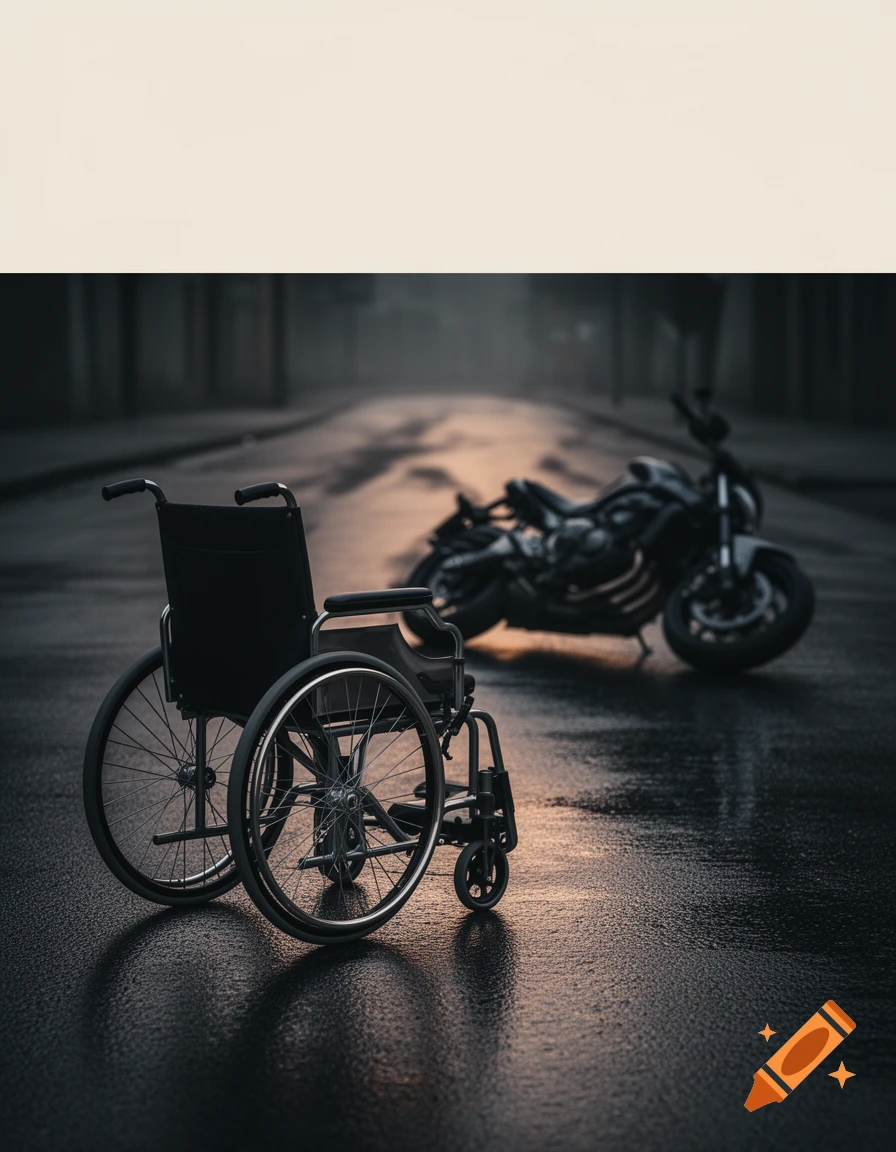 A dark, dramatic shot of a wheelchair in the foreground on a wet street, with a motorcycle lying on its side in the blurry background at dusk.