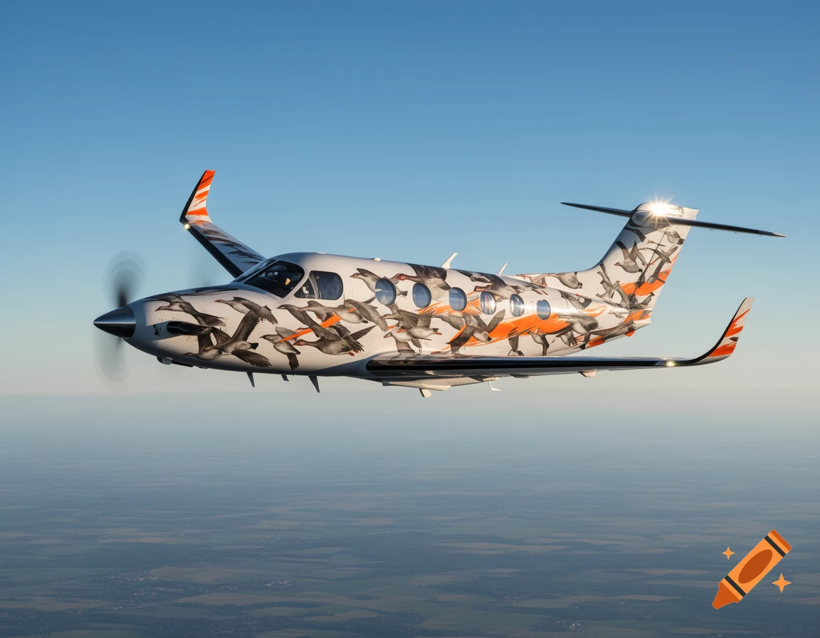 A white airplane with a custom design of flying geese and orange accents soars through a clear blue sky above a hazy landscape.