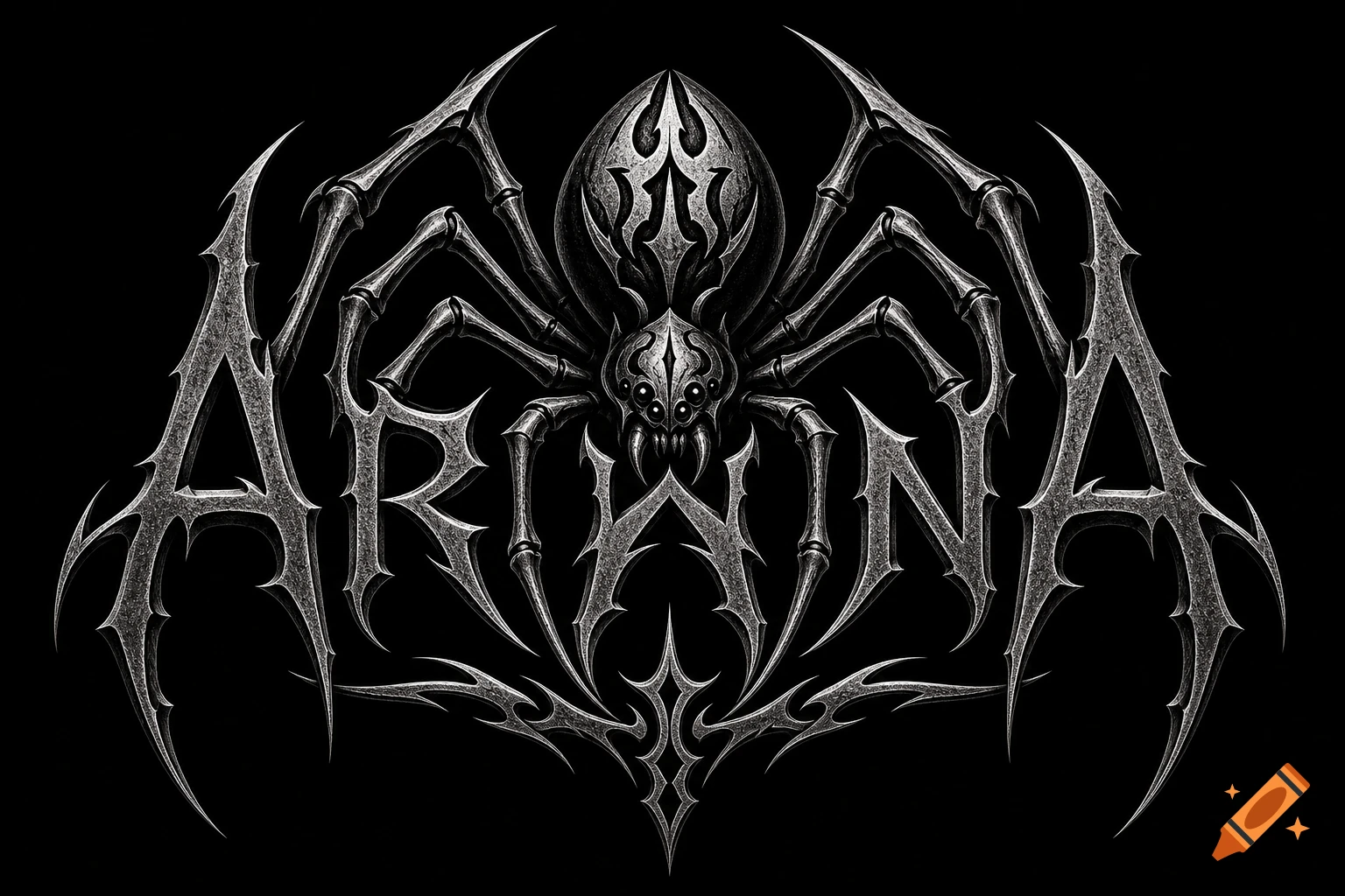 A dark, metallic neotribal logo featuring a stylized spider with its legs forming the word "ARANA" in a black metal style.