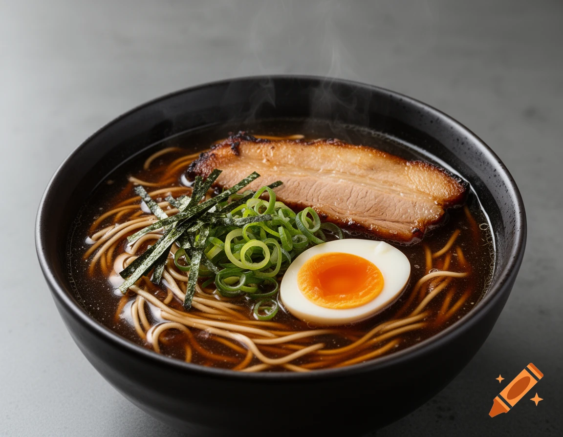 A steaming bowl of ramen with thick noodles in a dark soy-based broth, topped with chashu pork, nori, green onions, and a half-boiled egg.