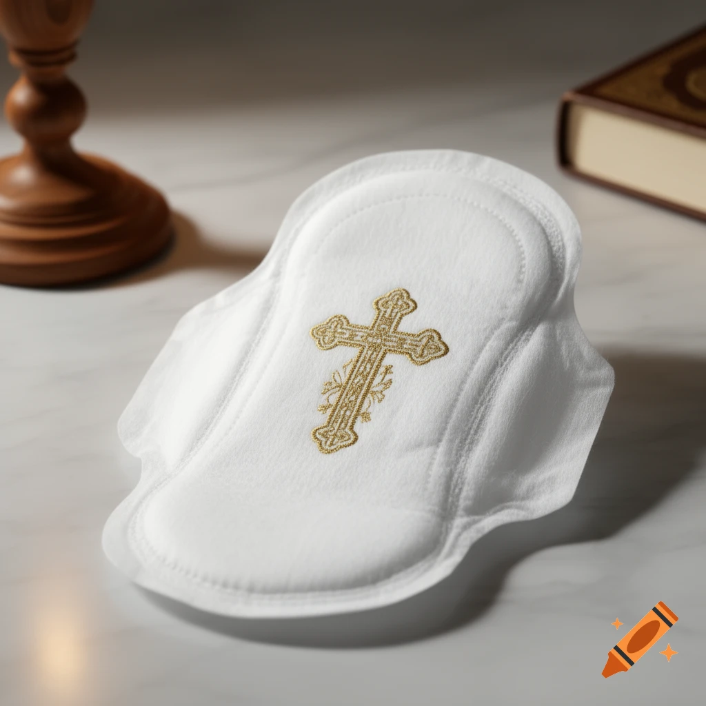 A white sanitary pad with a golden embroidered cross rests on a marble surface next to a wooden base and a book.