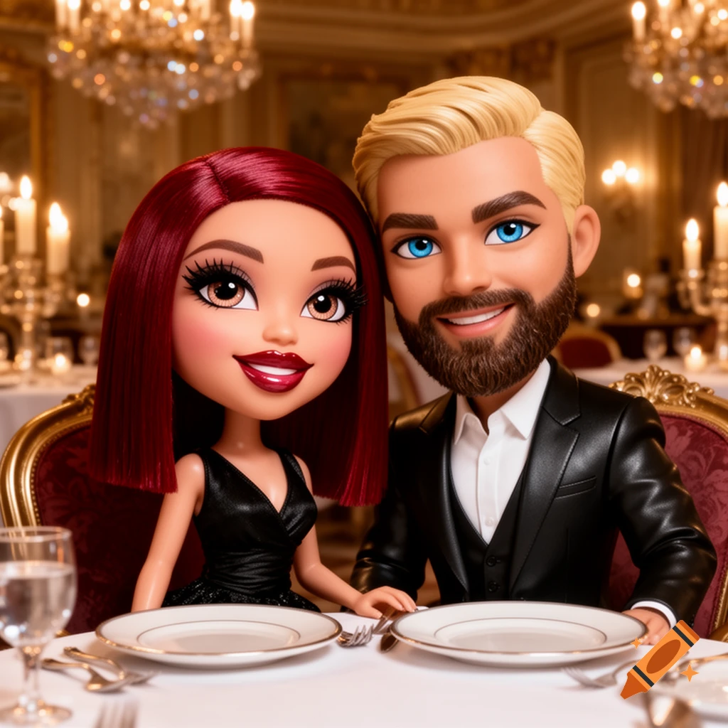 A Bratz-style couple, a woman with red hair and a man with blond hair and a beard, smiling at a candlelit table in a luxurious restaurant.