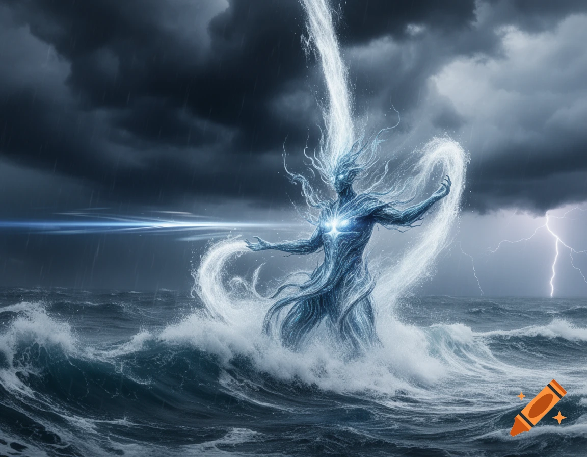 A glowing water elemental rises from a stormy sea, creating jets of water, with lightning in the dark cloudy sky.