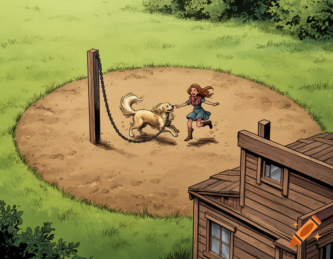 A red-haired girl in a blue dress plays with a leashed golden dog in a dirt circle next to a rustic wooden building, in a graphic novel style.