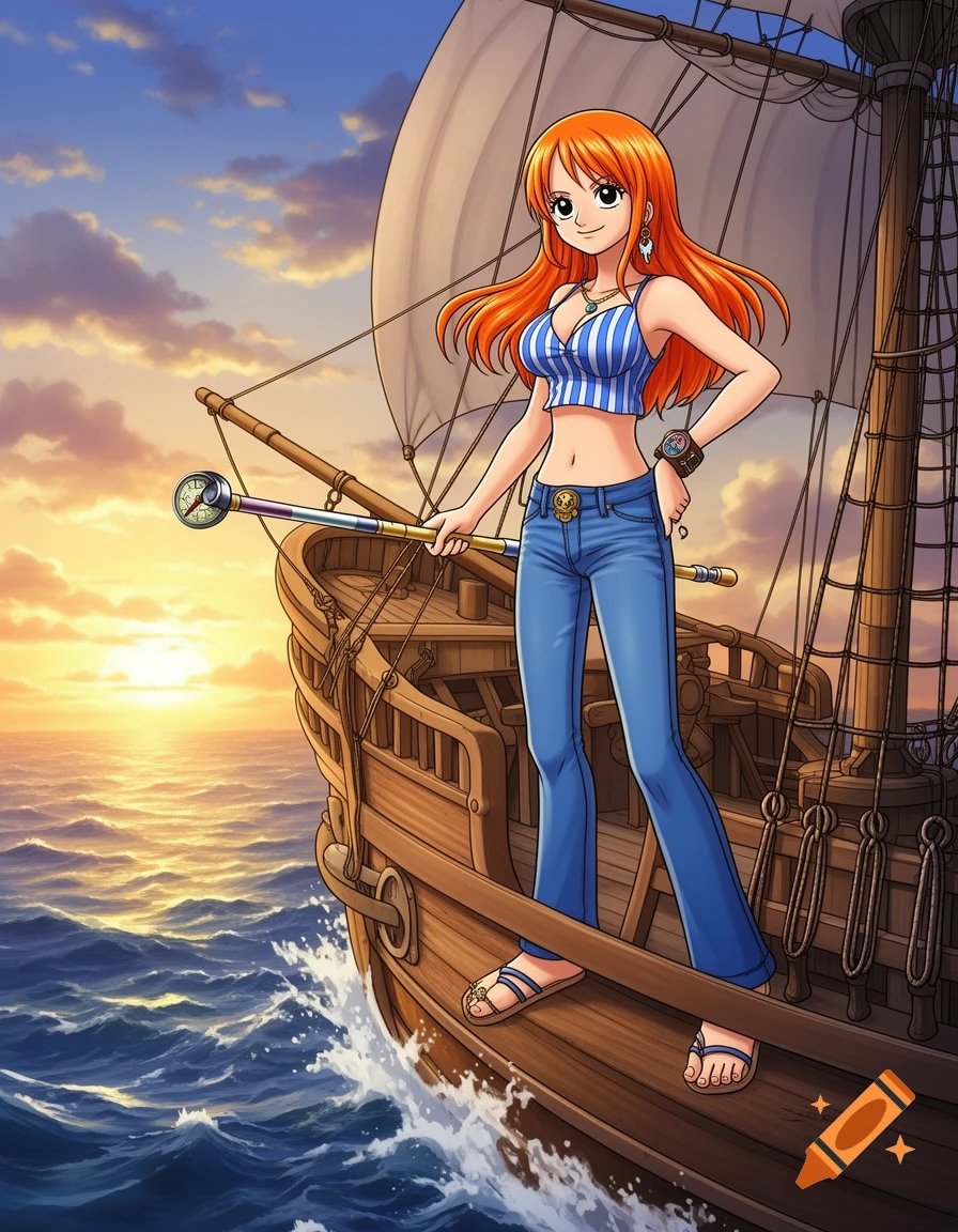 Nami from One Piece stands on a pirate ship at sunset, holding her Clima-Tact, in an anime style.