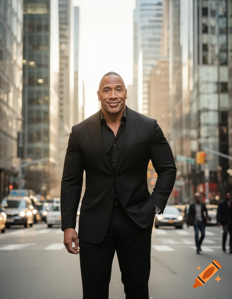 Dwayne "The Rock" Johnson, in a black suit, smiles while standing in the middle of a bustling city street.