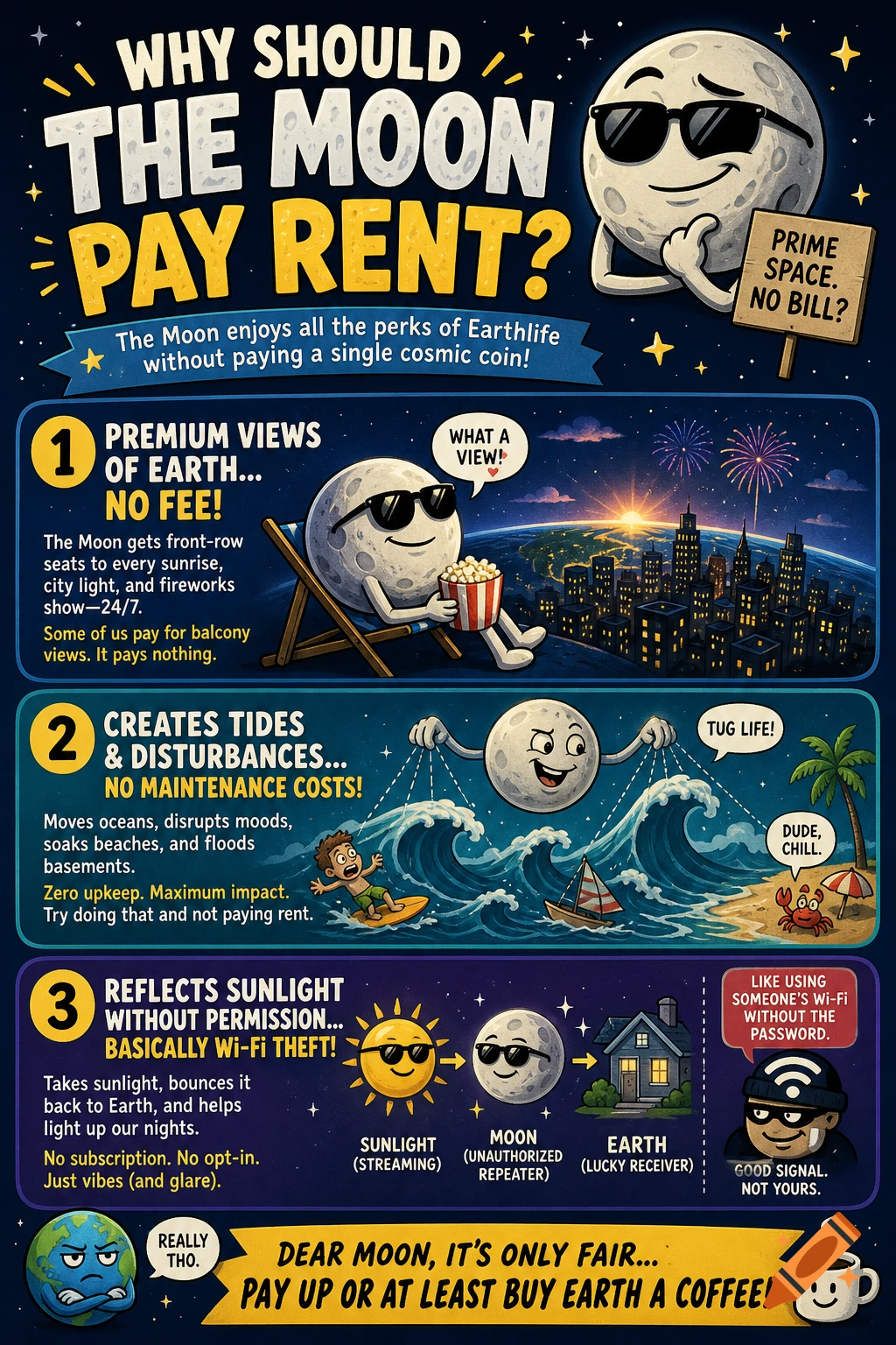 A humorous cartoon infographic titled "WHY SHOULD THE MOON PAY RENT?" detailing three reasons, with illustrations of the Moon enjoying Earth views, causing tides, and reflecting sunlight.
