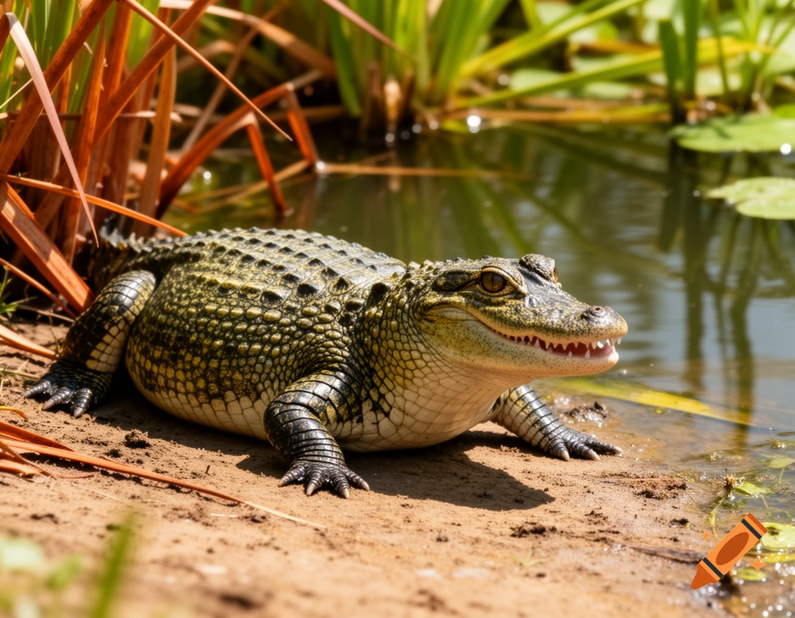 A fat baby alligator rests on a dirt bank by a pond with green plants, looking towards the water in a photorealistic style.
