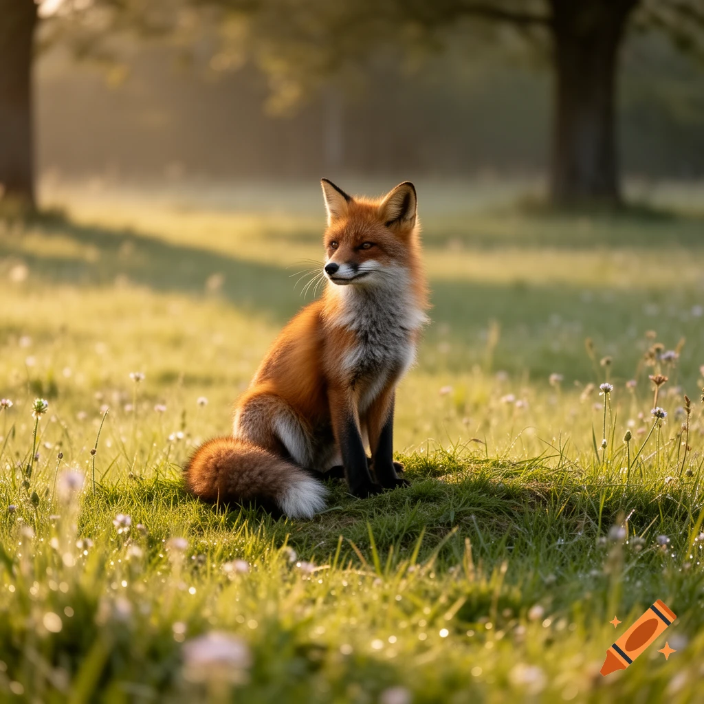 A photorealistic red fox sits in a sunlit grassy field with trees in the background, looking to the side.
