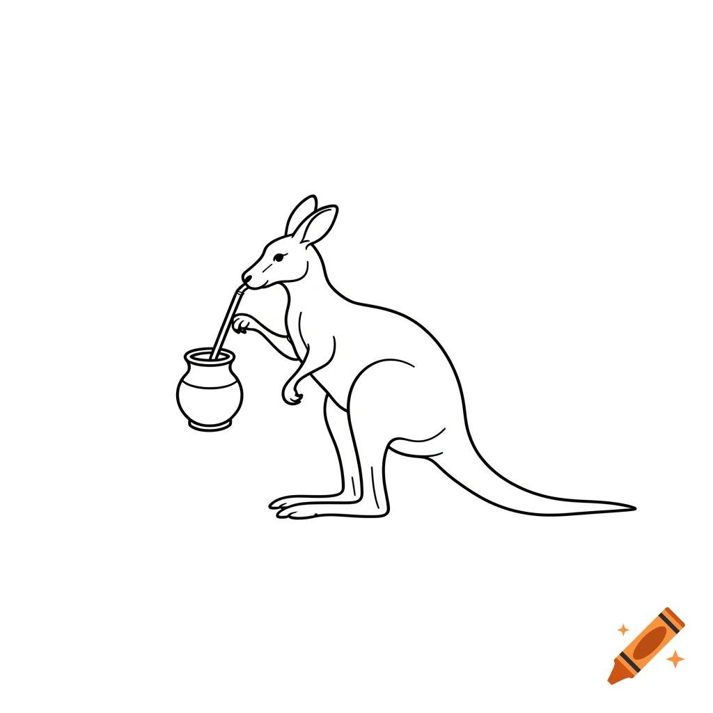 Minimalist line art illustration of a kangaroo sitting and drinking yerba mate from a gourd with a bombilla straw on a pure white background.