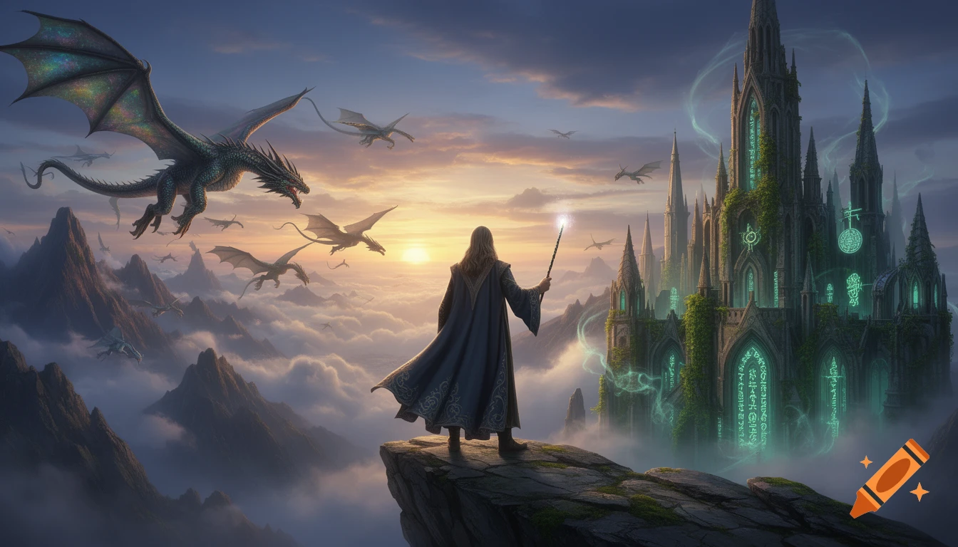 A wizard stands on a cliff, staff in hand, overlooking dragons flying above mountains and a magical castle glowing with runes at sunset.