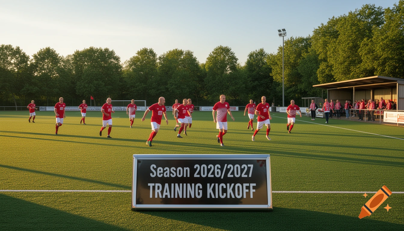 Soccer players in red and white uniforms on a green field with a 'Season 2026/2027 TRAINING KICKOFF' sign in the foreground.