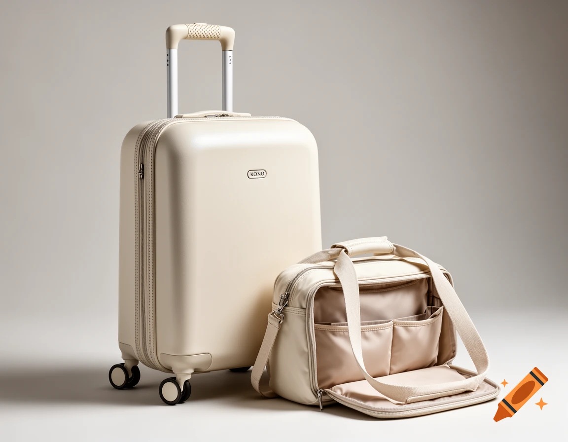 A cream-colored hard-shell rolling suitcase with a matching open travel bag with multiple compartments. Photorealistic style.
