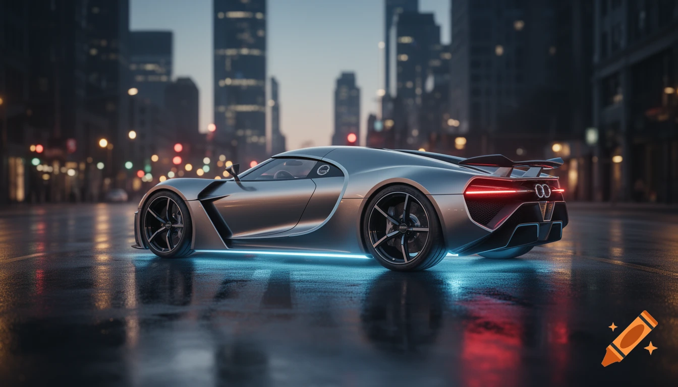 A sleek silver hypercar with bright blue underglow is parked on a wet city street at night, with blurred urban lights.