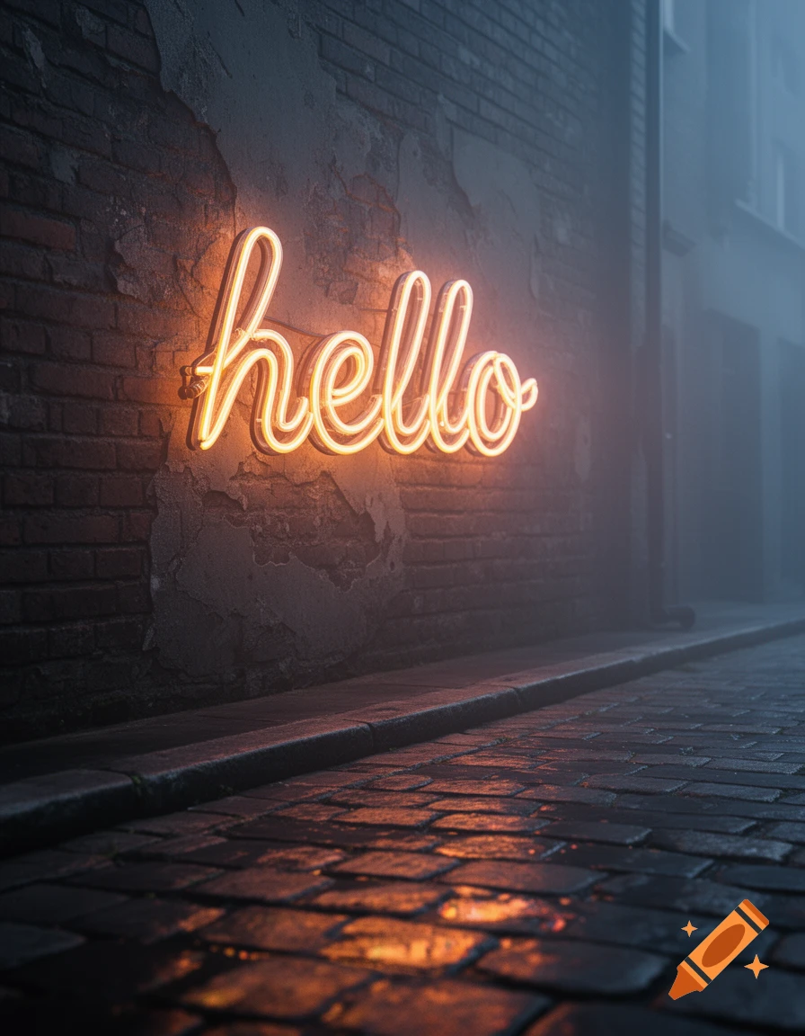 An orange neon sign spelling "hello" glows brightly on a textured brick wall in a misty, dark urban alley with wet cobblestone ground reflecting the light.