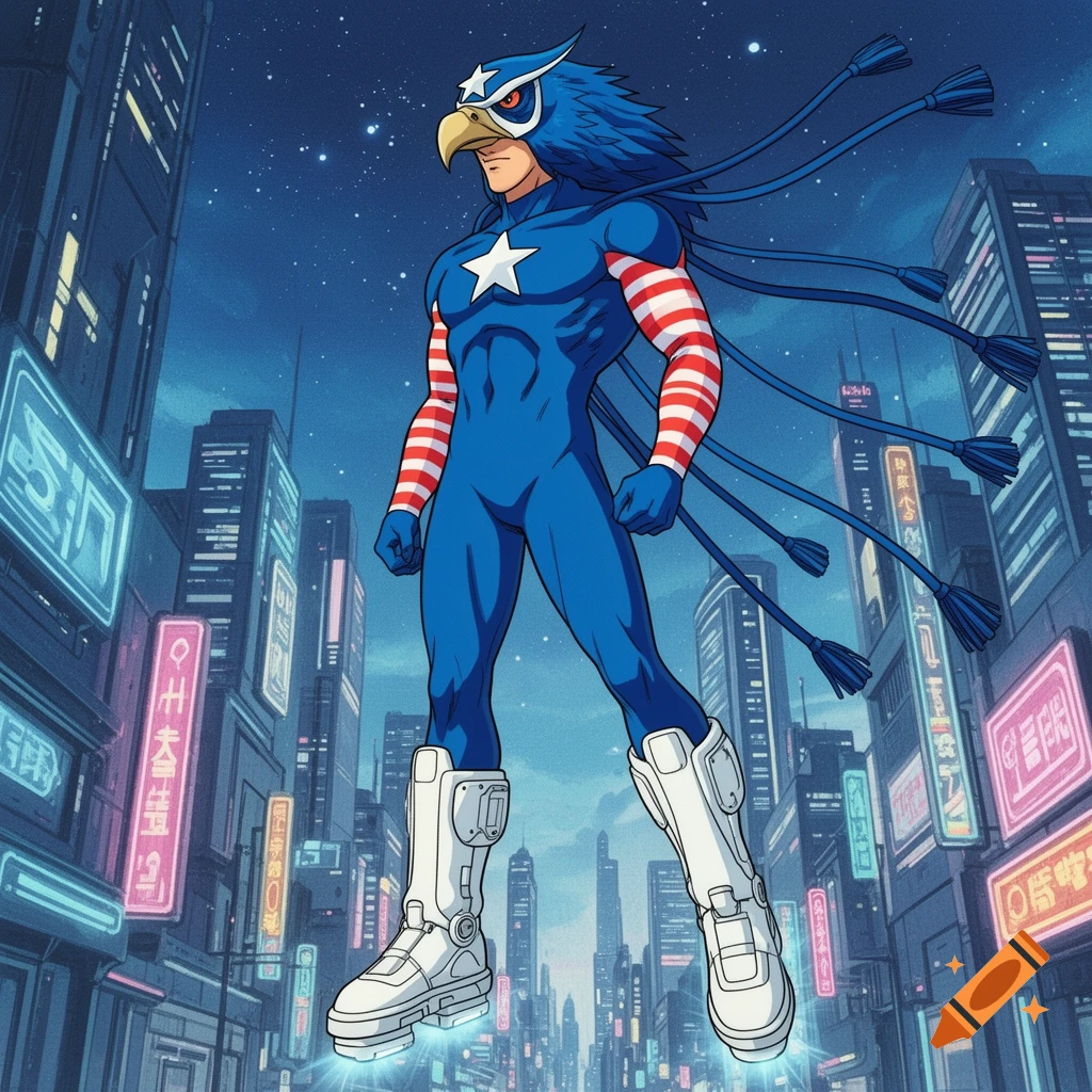 A man in a blue, red, and white eagle-themed superhero suit with hover boots, standing in a futuristic city at night, in a 90s anime style.