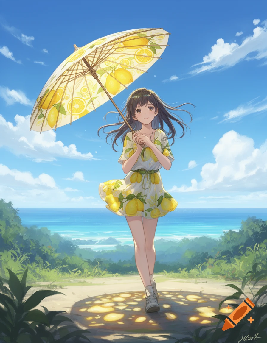 An anime girl in a lemon-print dress holds a matching parasol, walking on a path near a sunny beach and blue ocean.